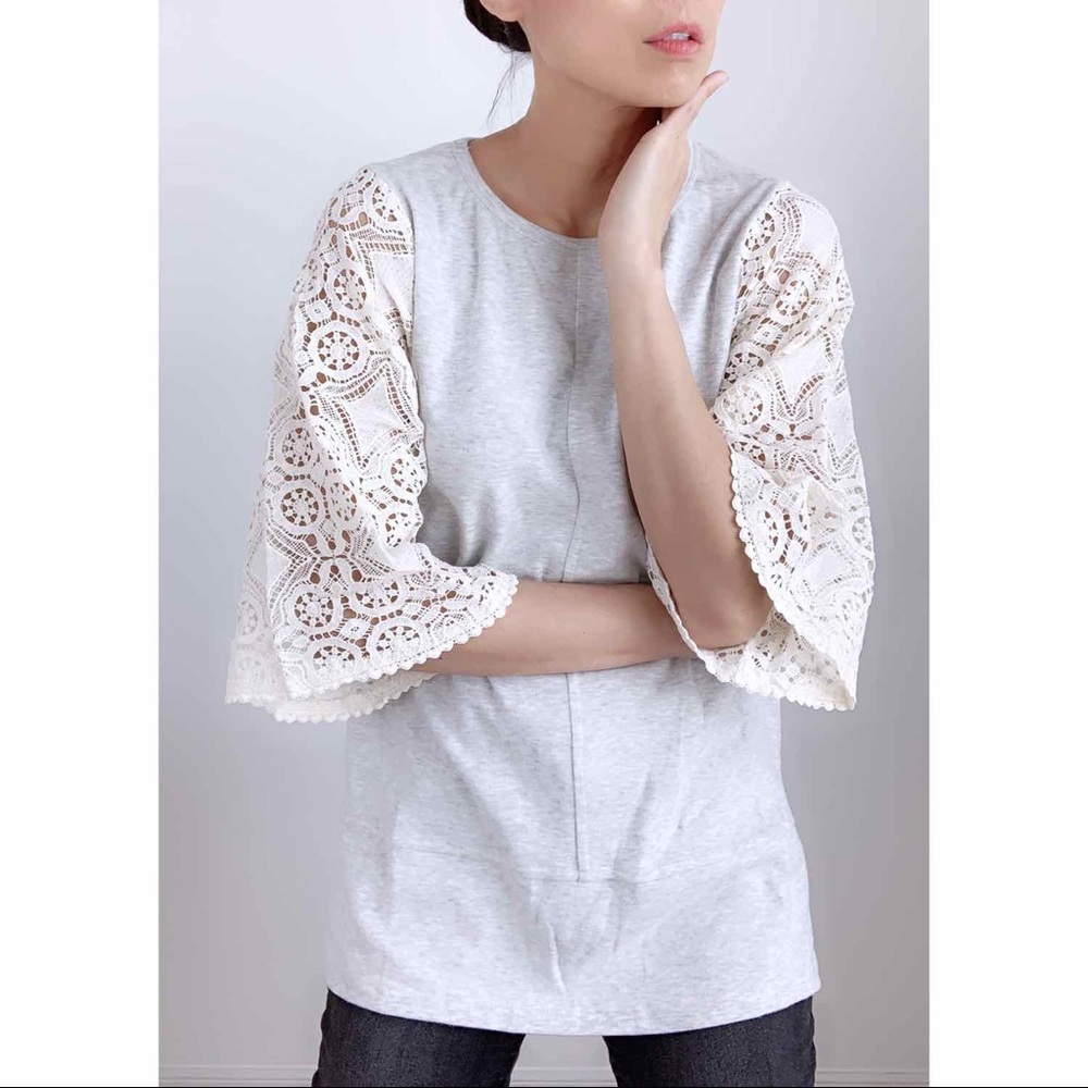 NEW BOHEMIAN CROCHETED SLEEVES ROUND NECK TOP - Picture 4 of 6